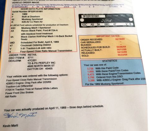 1968 Ford Mustang - Documentation details a 1969 Ford Mustang Sportsroof, built on April 11, 1969.