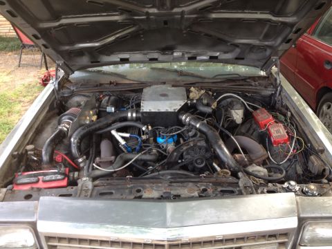1981 Ford LTD - Engine compartment as of April 2014. I'm just flushing the cooling system right here.