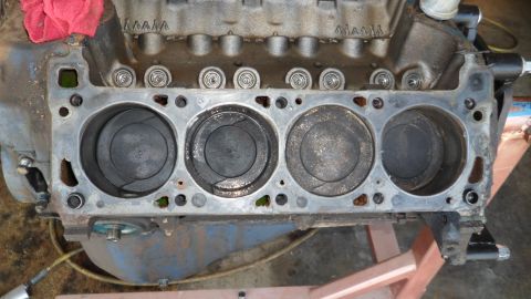 1972 Ford Ranchero - Engine block with pistons exposed, likely undergoing repair or rebuild.