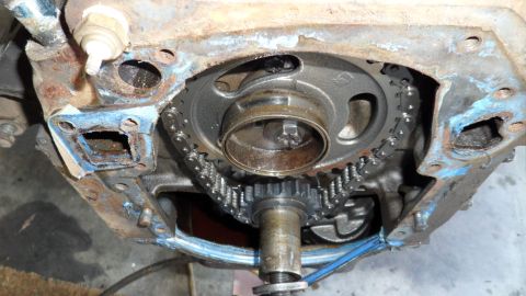 1972 Ford Ranchero - Close-up view of engine timing chain and gears, likely from a classic vehicle.