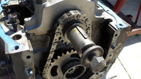 1972 Ford Ranchero - Close-up view of an engine's timing chain and gears, showing the mechanical components.