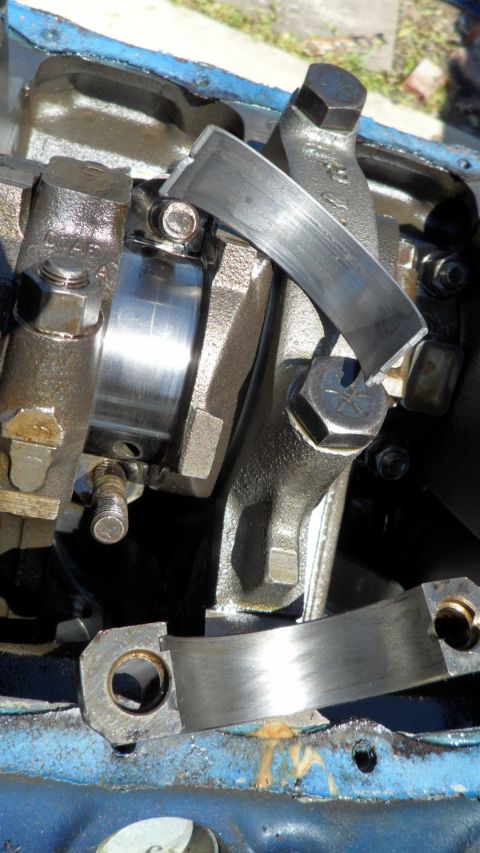 1972 Ford Ranchero - This is a close-up view of the crankshaft bearings within an engine block.