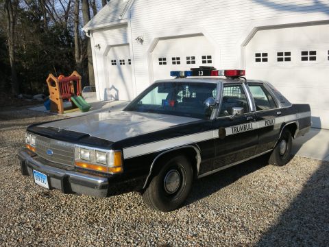 1991 Ford LTD Crown Victoria - black-and-white Ford LTD Crown Victoria marked TRUMBULL POLICE with a multicolor lightbar, parked on gravel in front of a white garage.
