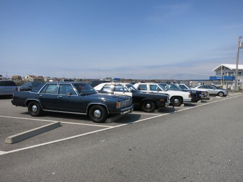 1991 Ford LTD Crown Victoria - angled view of several vintage police sedans parked in a coastal lot under a clear blue sky, including dark and white cruisers.