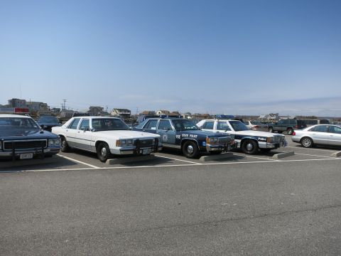 1991 Ford LTD Crown Victoria - row of vintage police cars parked in a waterfront lot under a clear sky, including a blue STATE POLICE cruiser and white sedans.