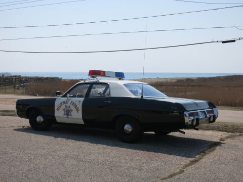 1991 Ford LTD Crown Victoria - black-and-white Highway Patrol sedan parked in profile beside a coastal road with the ocean behind.