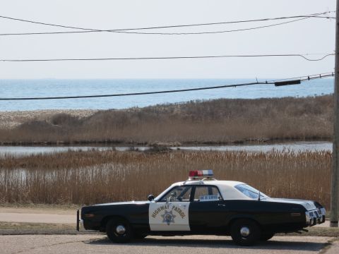 1991 Ford LTD Crown Victoria - black-and-white Highway Patrol sedan parked near a reedy marsh with the ocean and power lines behind.