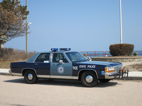1991 Ford LTD Crown Victoria - blue and silver State Police sedan marked 90E sits beside a seawall railing with shrubs and ocean in the background.