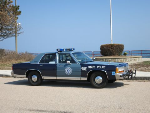 1991 Ford LTD Crown Victoria - Side profile of a blue and silver State Police sedan with push bar parked along a seaside road with shrubs behind.
