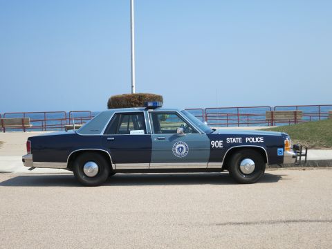 1991 Ford LTD Crown Victoria - Driver-side profile of a blue and silver State Police sedan with light bar, parked beside a coastal railing and ocean.