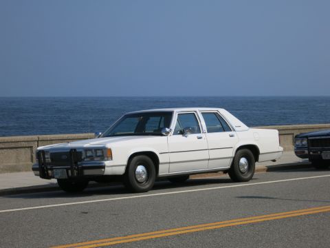 1991 Ford LTD Crown Victoria - white Ford full-size four-door sedan sits along a coastal road with a stone seawall and the ocean behind it.