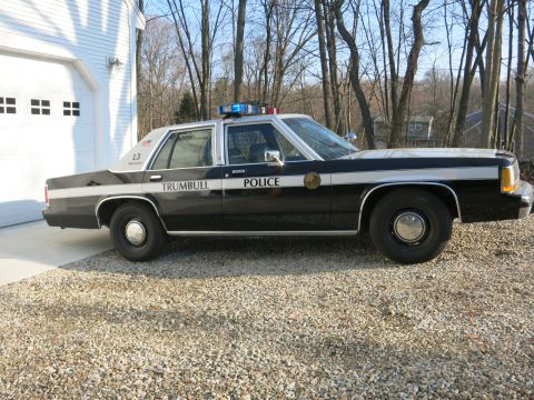 1991 Ford LTD Crown Victoria - Passenger-side profile of a black-and-white Trumbull Police Ford sedan, unit 13, parked on a gravel driveway.