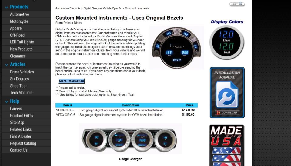 Dakota Digital custom mounted instrument cluster product page for OEM bezels