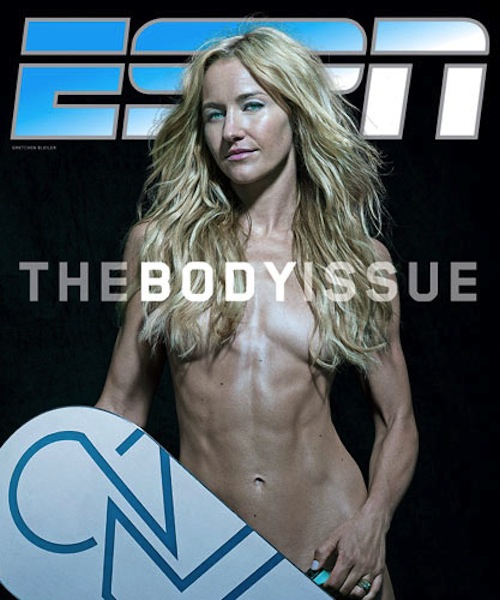 ESPN The Body Issue cover with a woman holding a snowboard