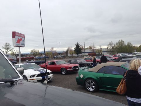 1989 Ford Bronco - A green convertible Mustang is parked in a lot with several other vehicles, possibly at a car show.