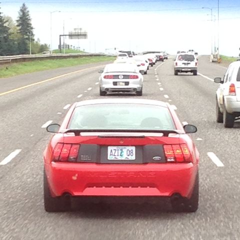 1989 Ford Bronco - A red Ford Mustang drives on a highway behind other vehicles.