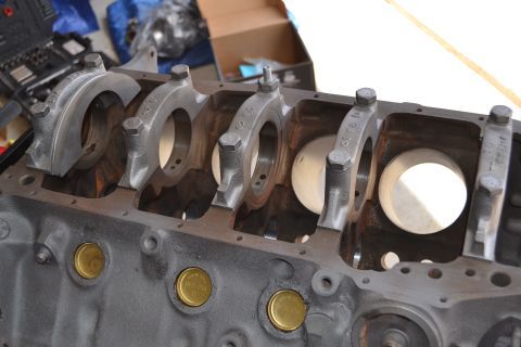 1981 Ford F-250 - Close-up of an engine block showing the main bearing saddles and installed bearing caps.