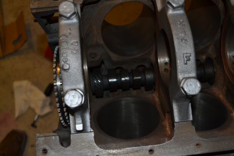 1981 Ford F-250 - Close-up of an engine block's internal components, including the camshaft and connecting rods.