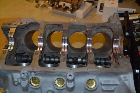 1981 Ford F-250 - Engine block assembly with camshafts and bearing caps, ready for reassembly.