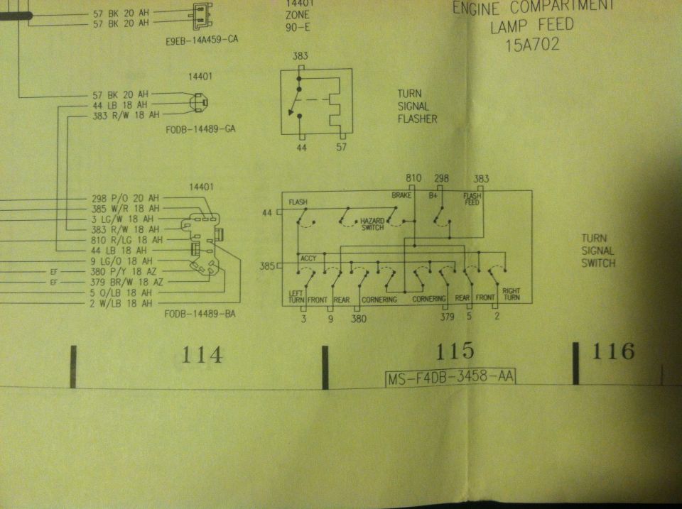 Wiring diagram for turn signal flasher and switch with color-coded wire codes