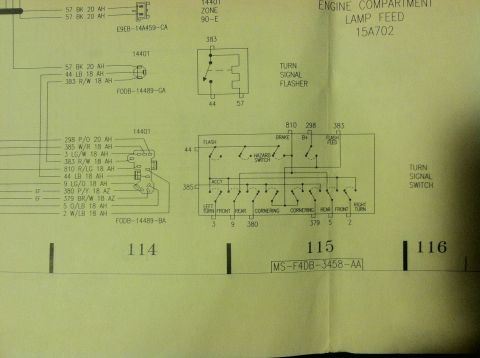 1993 Ford Taurus - This is a wiring diagram for the engine compartment lamp feed, showing turn signal and hazard switch circuits.