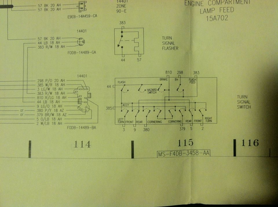 Wiring diagram for turn signal flasher and switch with color-coded wire codes