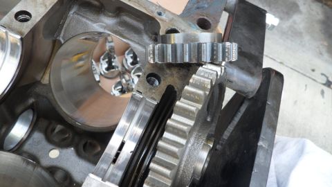 1972 Ford Ranchero - Close-up of an engine block showing internal components like gears and crankshaft.