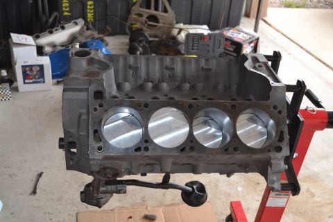 1981 Ford F-250 - Engine block on a stand, ready for rebuild or inspection.