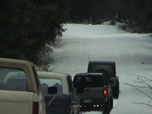 Convoy of trucks and SUVs driving down a snowy forest trail, seen from behind