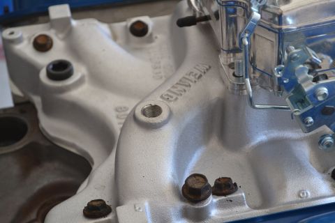 1981 Ford F-250 - Engine intake manifold and carburetor assembly, likely aftermarket performance parts.