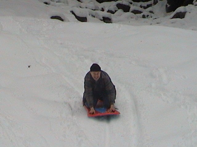 Man in knit cap riding a red plastic sled down a snowy hillside on his stomach