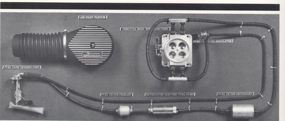 Labeled photo of fuel injection components including throttle body, injectors, pump, filters and plenum