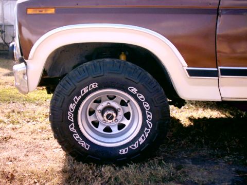 1980 Ford Bronco - Close-up of the front wheel and fender of a 1980 Ford Bronco.