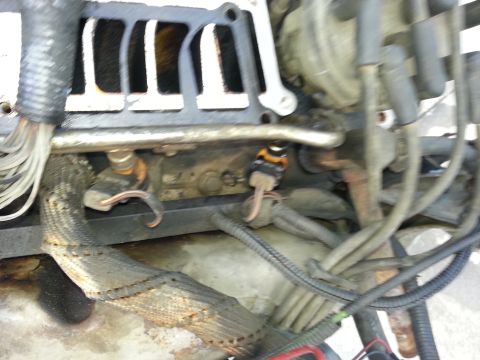 1994 Ford Bronco - Close-up view of engine components, including the manifold and fuel injectors, with visible wiring.