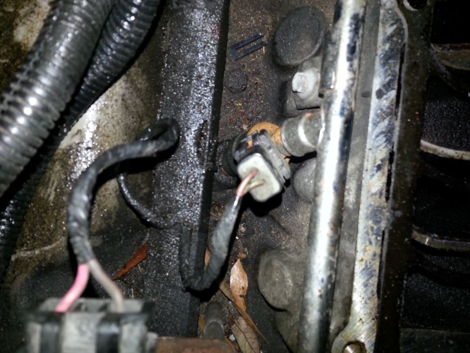 close-up of engine sensor with two wires connected to a gray plug, surrounded by greasy engine components and black wiring loom