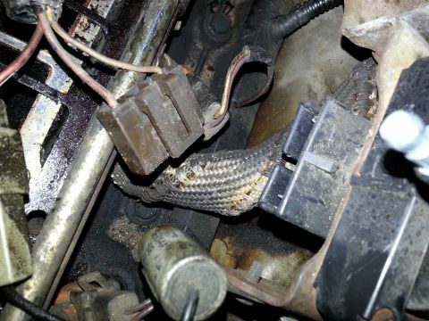 1994 Ford Bronco - Close-up view of an engine wiring harness, showing connectors and protective sleeving.