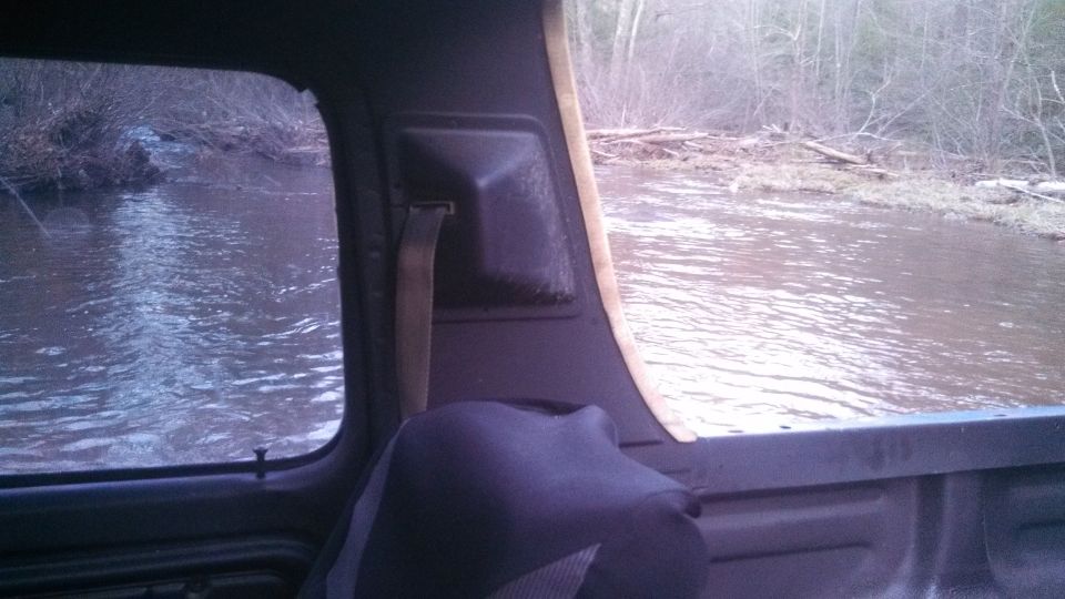 View from inside a vehicle, looking out the side window at a flooded area with trees and debris