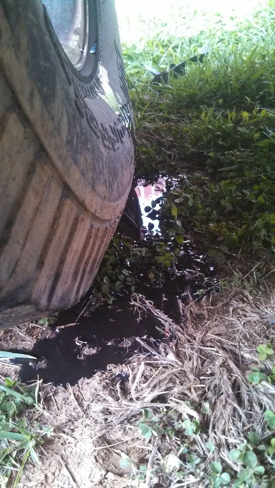 Tire over puddle with reflection