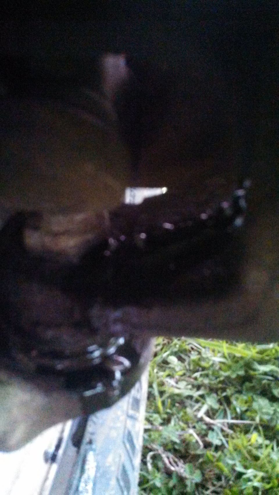Undercarriage of a vehicle with some dark fluid and grass visible below. Supermotors.net logo in corner