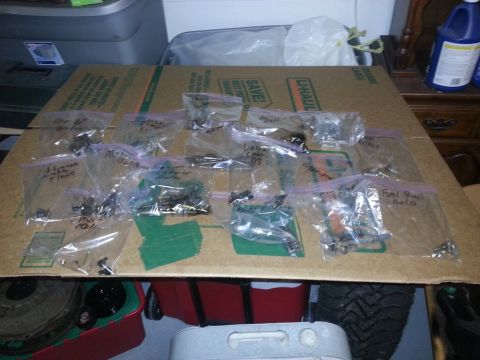 1994 Ford Bronco - Various small vehicle components are organized and labeled in plastic bags on a cardboard surface.