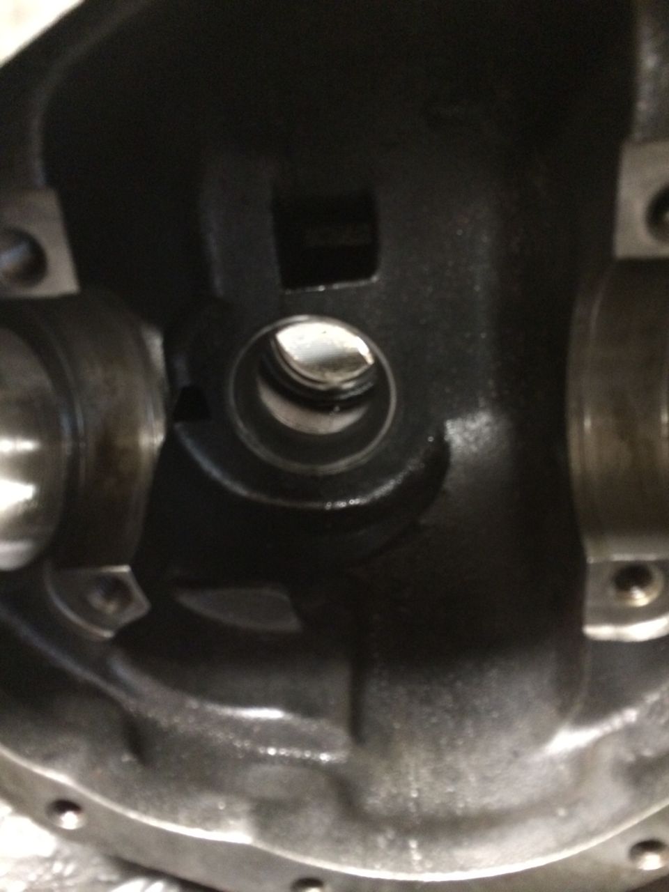 Differential housing interior with bearings visible