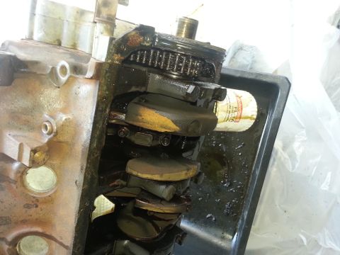 1994 Ford Bronco - Close-up view of an engine's internal components, including the crankshaft and an oil filter.