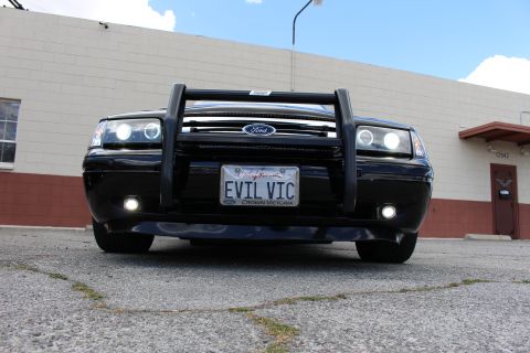 2003 Ford Crown Victoria - Low head-on view of a black Ford sedan with halo headlights, fog lights, black push bumper and a California EVIL VIC plate.