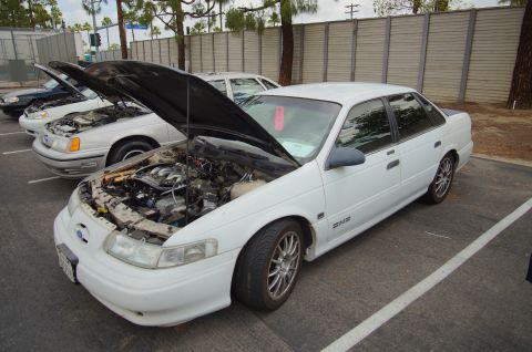 1995 Ford Taurus - Multiple sedans are parked in a lot with their hoods open, revealing their engines.