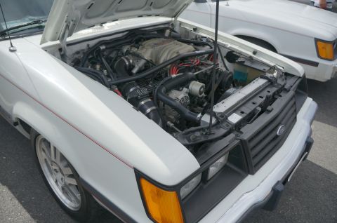 1995 Ford Taurus - The engine compartment of a white car is open, revealing the engine and other components. Another car is visible to the right.
