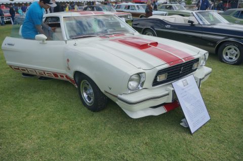 1995 Ford Taurus - A white 1976 Ford Mustang Cobra II convertible is displayed on a grassy field with other vehicles.