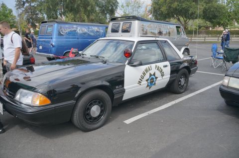 1995 Ford Taurus - A black and white Ford Mustang police car is parked in a lot with other vehicles and people.