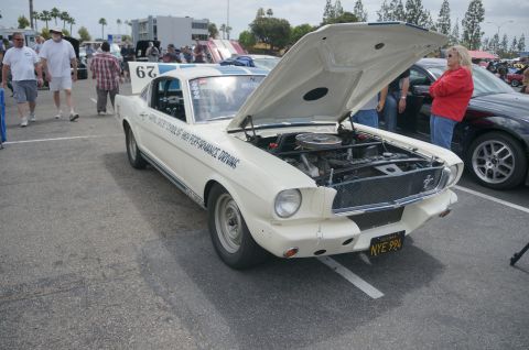 1995 Ford Taurus - White 1965 Ford Mustang Shelby GT350 at a car show, hood open, showing the engine.