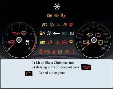 1994 Ford Bronco - A dashboard displays numerous illuminated warning lights, suggesting a significant mechanical issue.