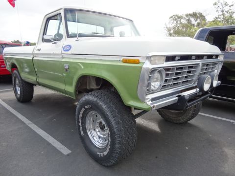 1994 Ford Bronco - This two-tone green and white Ford F-250 pickup truck features a prominent grille and off-road tires.